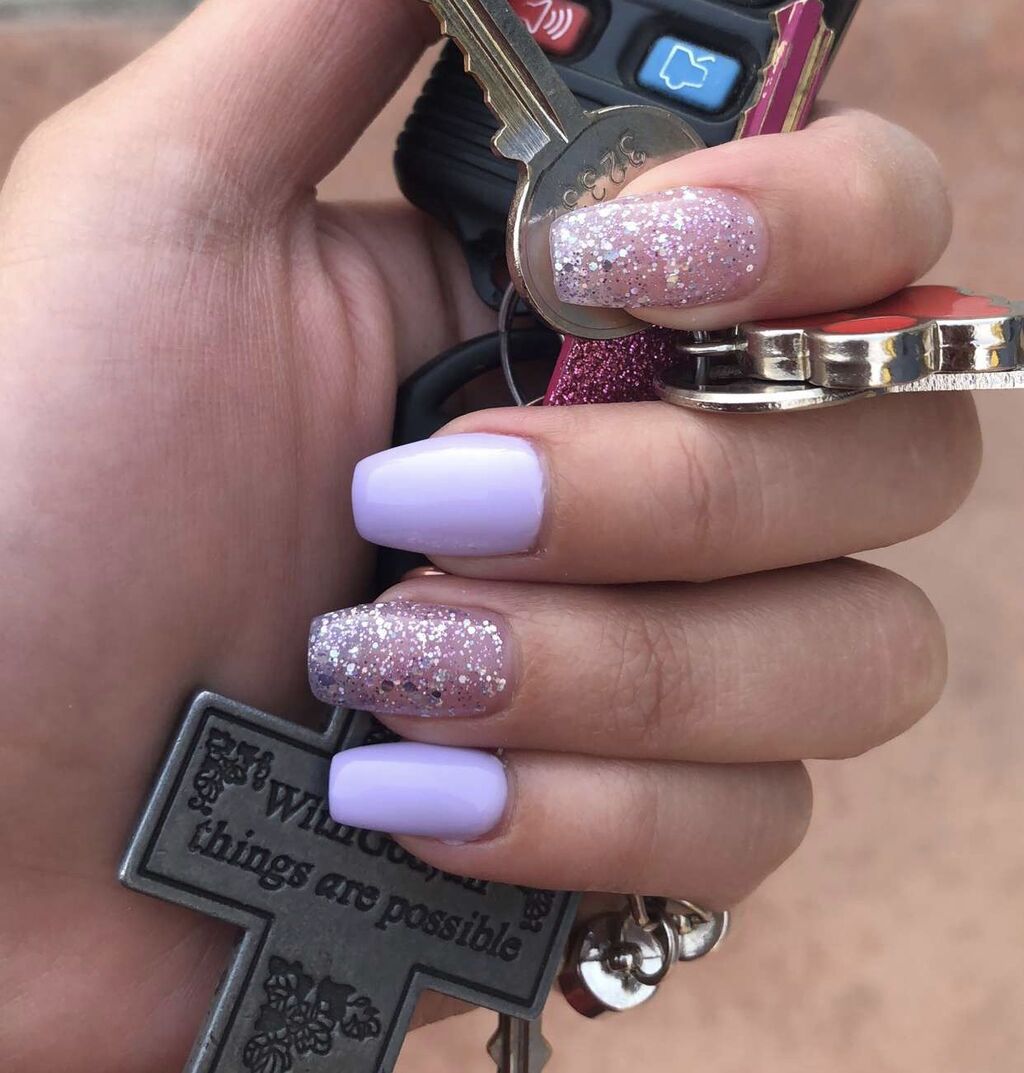 Purple and Glitter Short Acrylic Nails