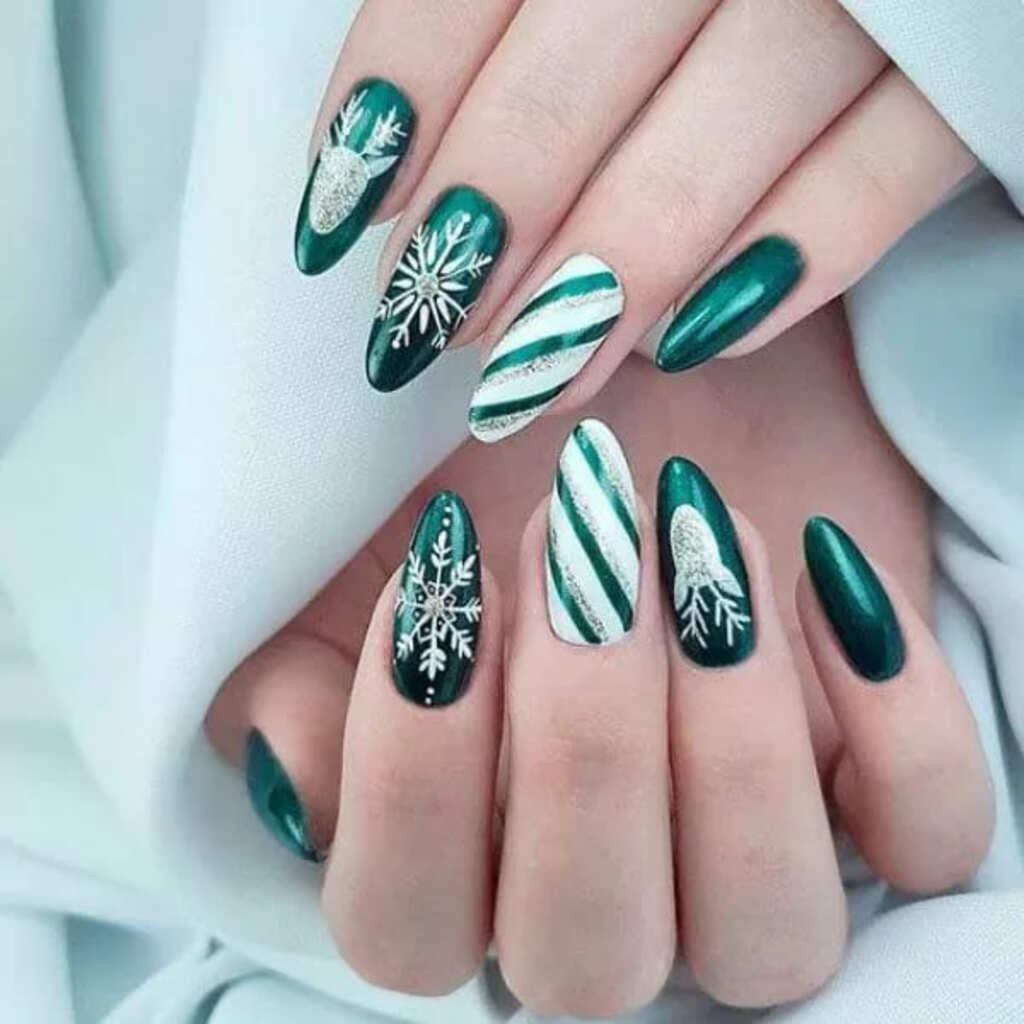 Green and White Xmas Nails