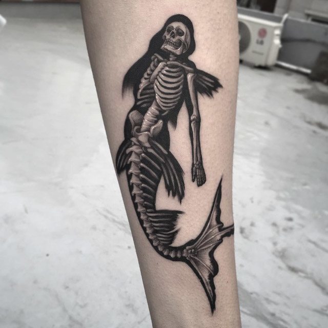 Skeleton Mermaid Tattoo on Female Hand