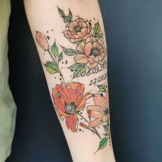 Pink and Orange Flower Sleeve Tattoo