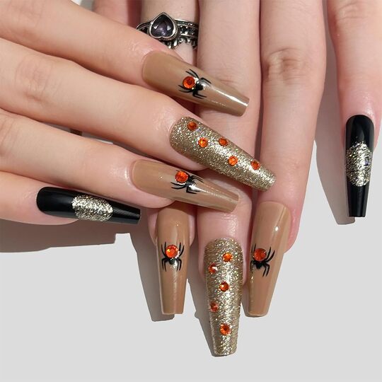 Black Beige and Gold with Rhinestones nail