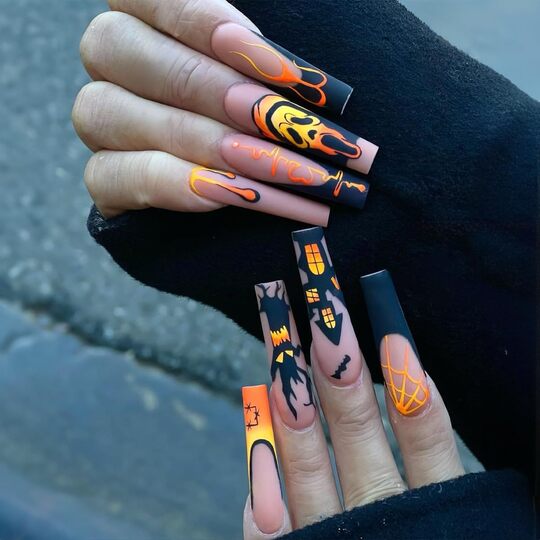 Black and Orange Coffin Nails