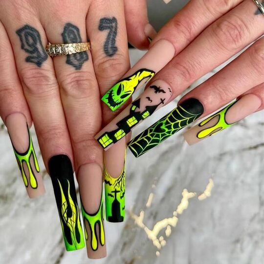 Yellow and Green Gothic Design nail