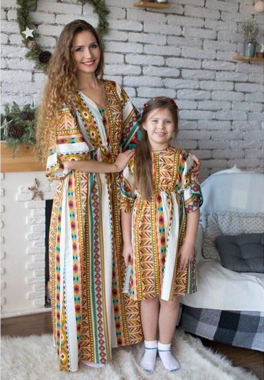 mom and daughter Bohemian Floral Print Dress