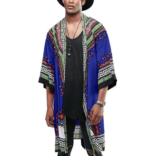 COOFANDY Mens African Dashiki Print Ruffle Shawl Collar Cardigan Lightweight Long Length Drape Cape