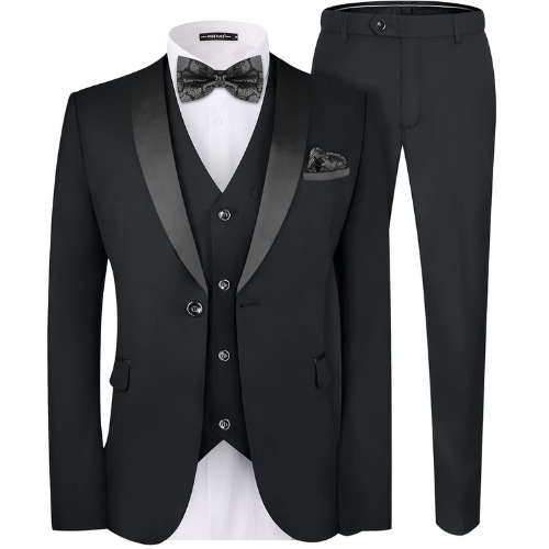 MAGE MALE Men's Slim Fit 3 Piece Suit One Button Solid Shawl Lapel Blazer Jacket Vest Pants Set with Tie Pocket Square