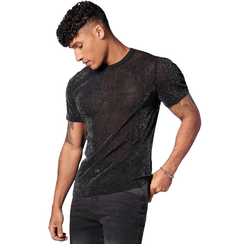 WDIRARA Men's Floral Print Sheer Mesh Short Sleeve T Shirt Round Neck Tee Top