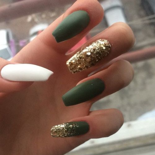 matte green nails with sparkles 